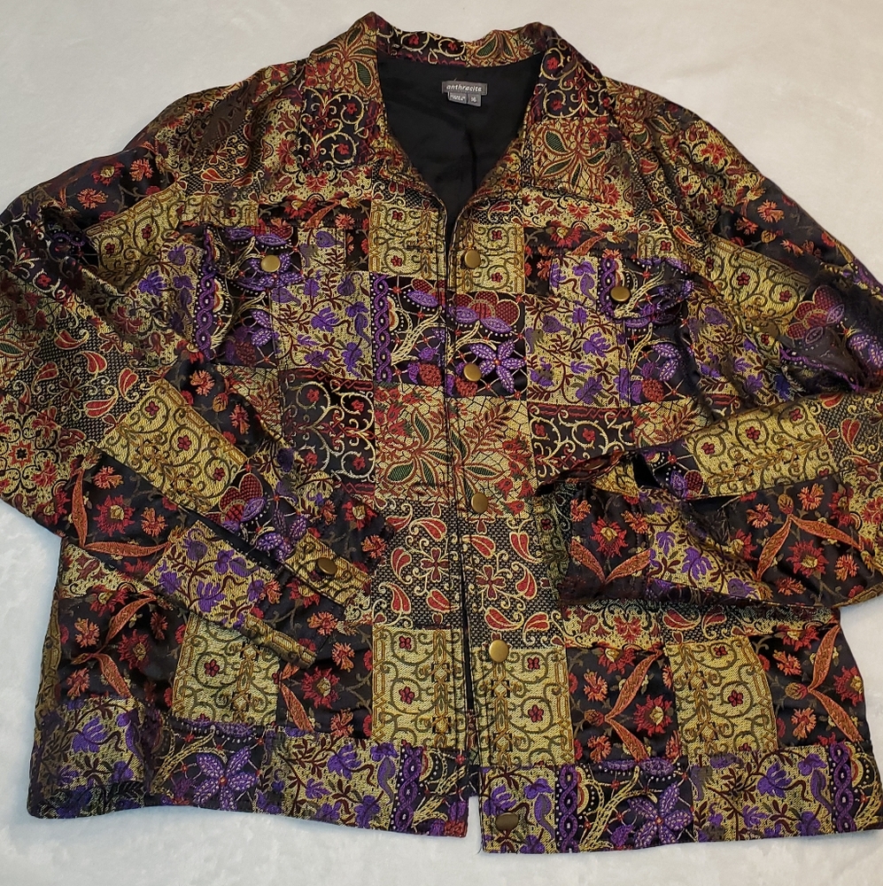 Anthracite Boho Patchwork Tapestry Blazer Jacket, Women's size 16